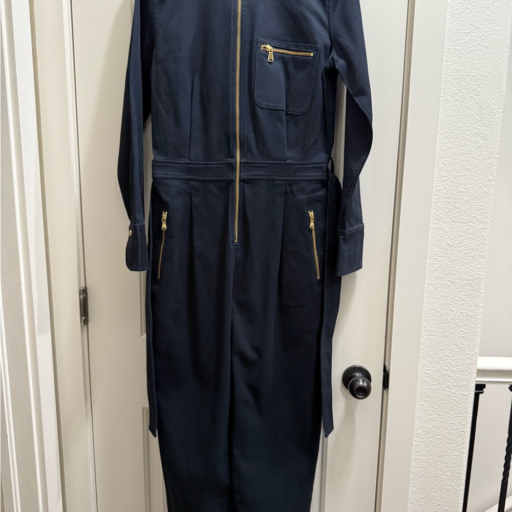 Equipment Navy Jumpsuit with Gold Zippers
